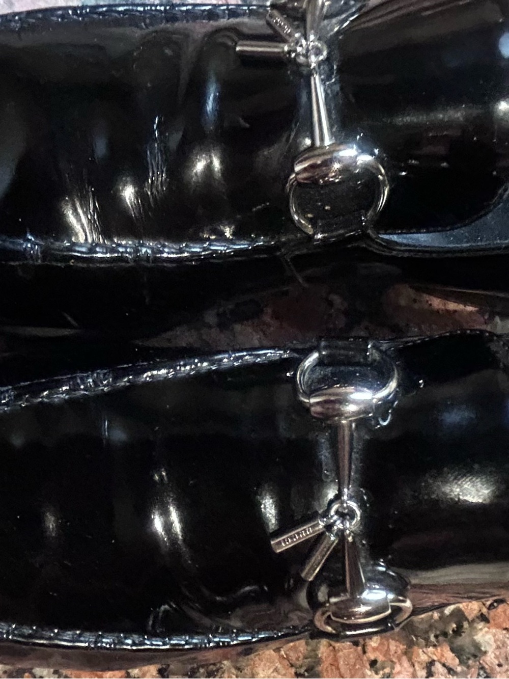 GUCCI Men's Black Patent Leather Dress Loafers with brand Metal Bit. - Picture 6 of 12
